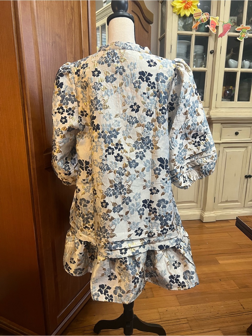 Lovelo Cream Mini Dress with Blue Floral Print and Puff Sleeves - Picture 6 of 14